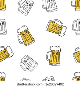 Seamless pattern. Two Vector Cartoon Beer Glass empty and full, sad and happy. Isolated On White Background. Print or Poster Design, web sites, printed materials for Octoberfast, Patric Day