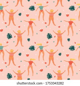 Seamless pattern with two women wearing swimwear. Body positive female character. Owerweight characters. 