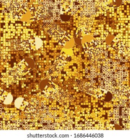 Seamless pattern. Two-layer pixel camouflage. Gold and amber shades. Editable. Contains symbolic comets.