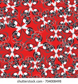 Seamless pattern. Two-sided figures scattered in random order. Red, gray, white