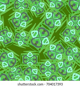 Seamless pattern. Two-sided figures scattered in random order. Green and gray.