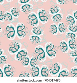 Seamless pattern. Two-sided figures scattered in random order. Pink, green, white.