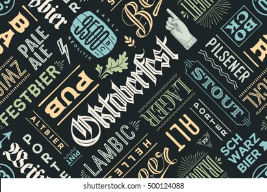 Seamless pattern with types of beer and hand drawn lettering for Oktoberfest Beer Festival. Vintage drawing for placemat, bar menu, t-shirt print and beer themes. Vector Illustration