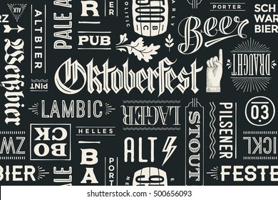 Seamless pattern with types of beer and hand drawn lettering for Oktoberfest Beer Festival. Vintage drawing for placemat, bar menu, t-shirt print and beer themes. Vector Illustration