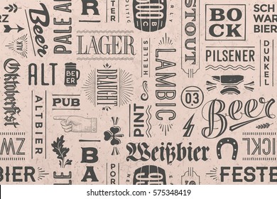 Seamless pattern with types of beer and hand drawn lettering for bar, pub, cafe, fest and party. Vintage drawing for placemat, bar menu, t-shirt print and beer themes. Vector Illustration