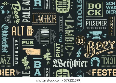 Seamless pattern with types of beer and hand drawn lettering for bar, pub, cafe, fest and party. Vintage drawing for placemat, bar menu, t-shirt print and beer themes. Vector Illustration