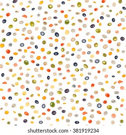 Seamless pattern types of lentils (yellow, brown, green, red, french green, black lentils). Vector illustration.