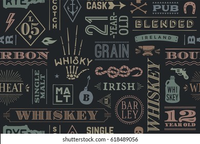 Seamless pattern with types of whiskey and hand drawn lettering for bar, pub, cafe, fest and party. Vintage drawing for placemat, bar menu, t-shirt print and whiskey themes. Vector Illustration