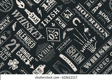 Seamless pattern with types of whiskey and hand drawn lettering for bar, pub, cafe, fest and party. Vintage drawing for placemat, bar menu, t-shirt print and whiskey themes. Vector Illustration