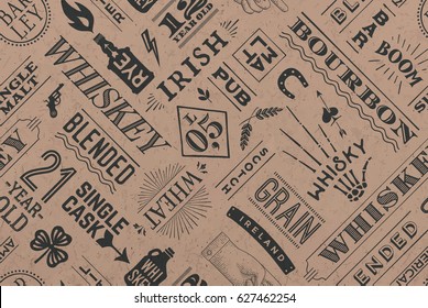 Seamless pattern with types of whiskey and hand drawn lettering for bar, pub, cafe, fest and party. Vintage drawing for placemat, bar menu, t-shirt print and whiskey themes. Vector Illustration