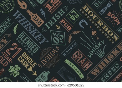 Seamless pattern with types of whiskey and hand drawn lettering for bar, pub, cafe, fest and party. Vintage drawing for placemat, bar menu, t-shirt print and whiskey themes. Vector Illustration