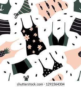 Seamless pattern with types of woman beach clothes. Hand drawn vector summer texture: cute swimsuit, bikini, monokini. Fashion colorful hand drawn illustration. Stylish swimwear design.