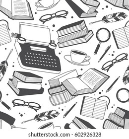 Seamless pattern with typewriters and books, objects of writing and reading. Black and white illustration with hand drawn elements. Design backdrop vector.  Decorative wallpaper, good for printing