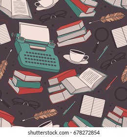 Seamless pattern with typewriters and books, objects of writing and reading. Colorful illustration with hand drawn elements. Design overlapping backdrop vector. Decorative wallpaper, good for printing