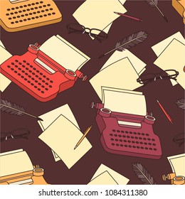 Seamless pattern with typewriters, sheets of paper, elements of writing. Colorful illustration with hand drawn objects. Design overlapping background vector.  Decorative wallpaper, good for printing