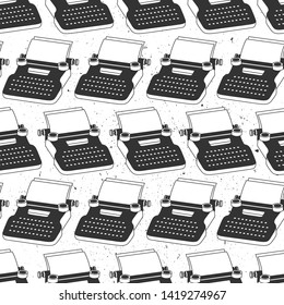 Seamless pattern with typewriters, sheets of paper, elements of writing. Black and white hand drawn illustration. Design overlapping background vector.  Decorative wallpaper, good for printing