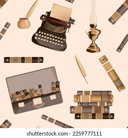 Patrón sin inconvenientes con máquinas de escribir, hojas de papel, elementos de escritura. Ilustración colorida con objetos dibujados a mano. Diseñar vector de fondo superpuesto. Papel de pared decorativo, bueno para imprimir
