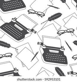 Seamless pattern with typewriters and sheets of paper, reading elements. Black and white illustration with hand drawn objects. Design elements vector.  Decorative wallpaper, good for printing