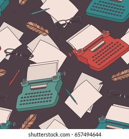 Seamless pattern with typewriters, sheets of paper, elements of writing. Colorful illustration with hand drawn objects. Design overlapping background vector.  Decorative wallpaper, good for printing