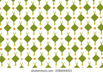 Seamless pattern of typical Eid ketupat motif, decorated with decorative elements such as stars and small yellow and orange flowers. Perfect for Eid greeting cards and Ramadhan themes.