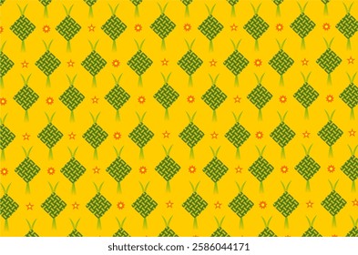 Seamless pattern of typical Eid ketupat motif, decorated with decorative elements such as stars and small yellow and orange flowers. Perfect for Eid greeting cards and Ramadhan themes.