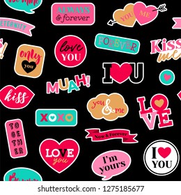 Seamless pattern of typography design for valentine’s day. Set of valentine badges design.