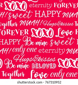 Seamless pattern of typography design for valentine’s day on red background