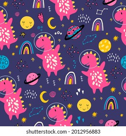 A seamless pattern with a tyrannosaurus in space. Vector illustration with dinosaurs, planets, rainbows, Saturn, stars. Design of children's clothing, fabrics, wallpapers, notebooks. Doodle style.