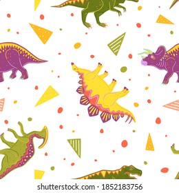 Seamless pattern with tyrannosaurus, triceratops, parasaurolophus and stegosaurus. Colorful vector dinosaurs