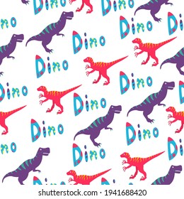 A seamless pattern with a tyrannosaurus, velociraptor and the word "Dino" on a white background.