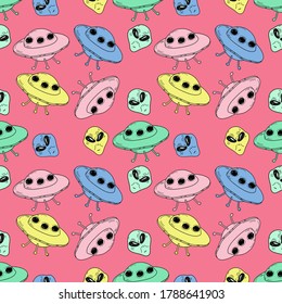 seamless pattern with ufo and aliens
