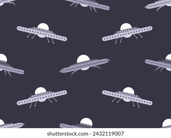Seamless pattern with UFO. Black and white background with alien spaceships and space flying saucers. Alien spaceships. Design for print, banners and advertising. Vector illustration