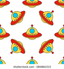Seamless pattern with ufo. Children's pattern. colored trendy vector illustration. Cartoon style. Flat design. flyer, congratulation, invitation, poster, banner, card, web