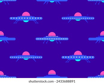 Seamless pattern with UFO in flat style. Background with alien spaceships and space flying saucers. Alien spaceships. Design for print, banners and advertising. Vector illustration