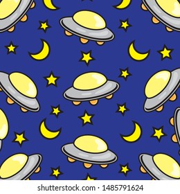 Seamless pattern UFO planes with full stars and crescent surround them in a dark blue background