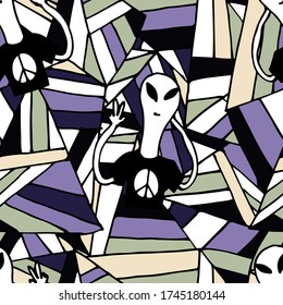 Seamless pattern with UFO, plants. Abstract background.