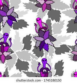 Seamless pattern with UFO, plants. Abstract background.