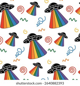 Seamless Pattern of UFO with Rainbow Beam and Doodles	