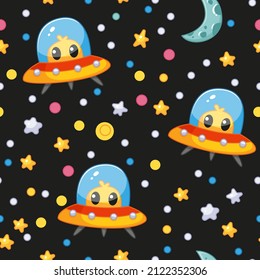 Seamless pattern with UFO space dish and alien on black sky background. Vector illustration in a minimalistic flat style, hand drawn. Cute print for textiles, print design, postcards