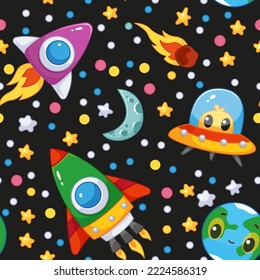 Seamless pattern with UFO space dish, rockets and an alien on the background of the cosmic sky. Vector illustration in a minimalistic flat style, hand drawn. Cute print for textiles, print design