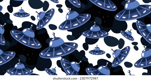 Seamless pattern with a UFO space plate in blue abstract space. Vector illustration in a minimalistic flat style, hand-drawn. Cute print for textiles, printing design, postcards. Cartoon children's