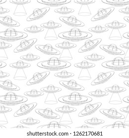 Seamless pattern with UFO spaceship. Unidentified flying object with light beam. Black and white vector illustration