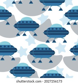 Seamless pattern of UFO spaceships in dark blue shades in cartoon style, flying objects and abstract spots and stars on a white background vector illustration