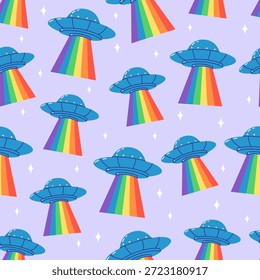 Seamless pattern with UFO spaceships projecting rainbow beams on a pastel background. Hand drawn illustration for kids designs, textiles, and wallpapers.