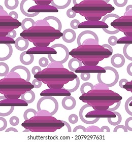 Seamless pattern of UFO spaceships in purple shades in cartoon style, flying objects and abstract circles on a white background vector illustration