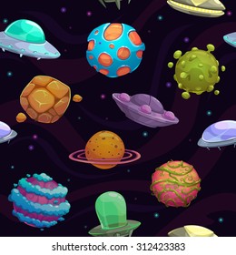 Seamless pattern with ufos and fantastic planets, vector space texture