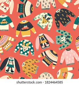 Seamless pattern Ugly Christmas jumpers. Repeating vector holiday vintage background. Knitted winter sweaters with Norwegian ornaments and decorations. For fabric, gift wrap, greeting card, gift bags