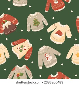 Seamless pattern with ugly Christmas sweater