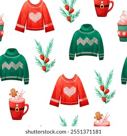 Seamless pattern of ugly Christmas sweater, coffee in cute cup and yew plant