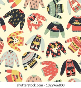 Seamless pattern Ugly Christmas sweaters. Repeating vector holiday vintage background. Knitted winter jumpers with Norwegian ornaments and decorations. For fabric, gift wrap, greeting card, gift bags